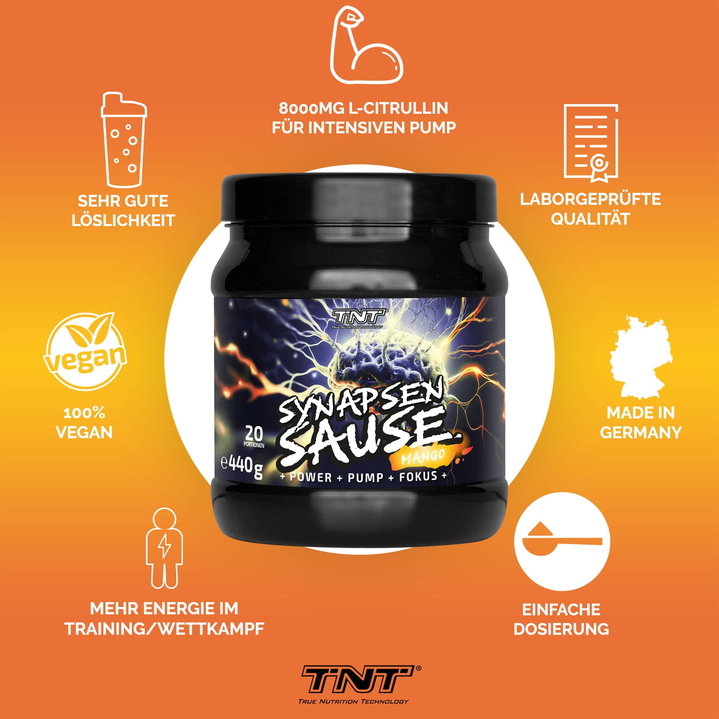 Schwarzes Produktglas TNT Synapsensause, Mango. Zusätzliche Icons: vegan, Laborgeprüfte Qualität, Made in Germany.