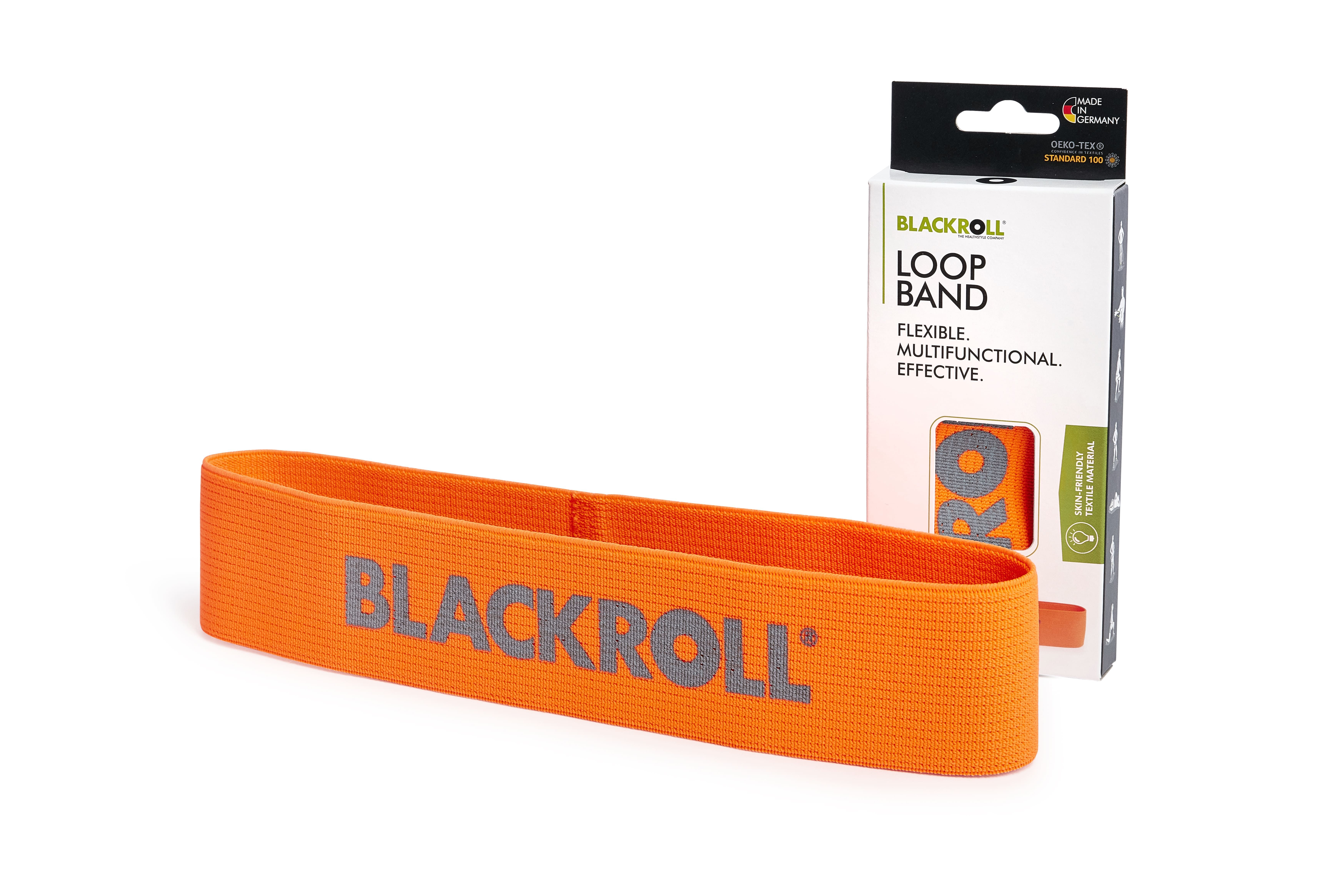 Orangenes Loop Band neben Verpackung. Verpackung mit Loop Band-Abbildung und BLACKROLL-Logo.