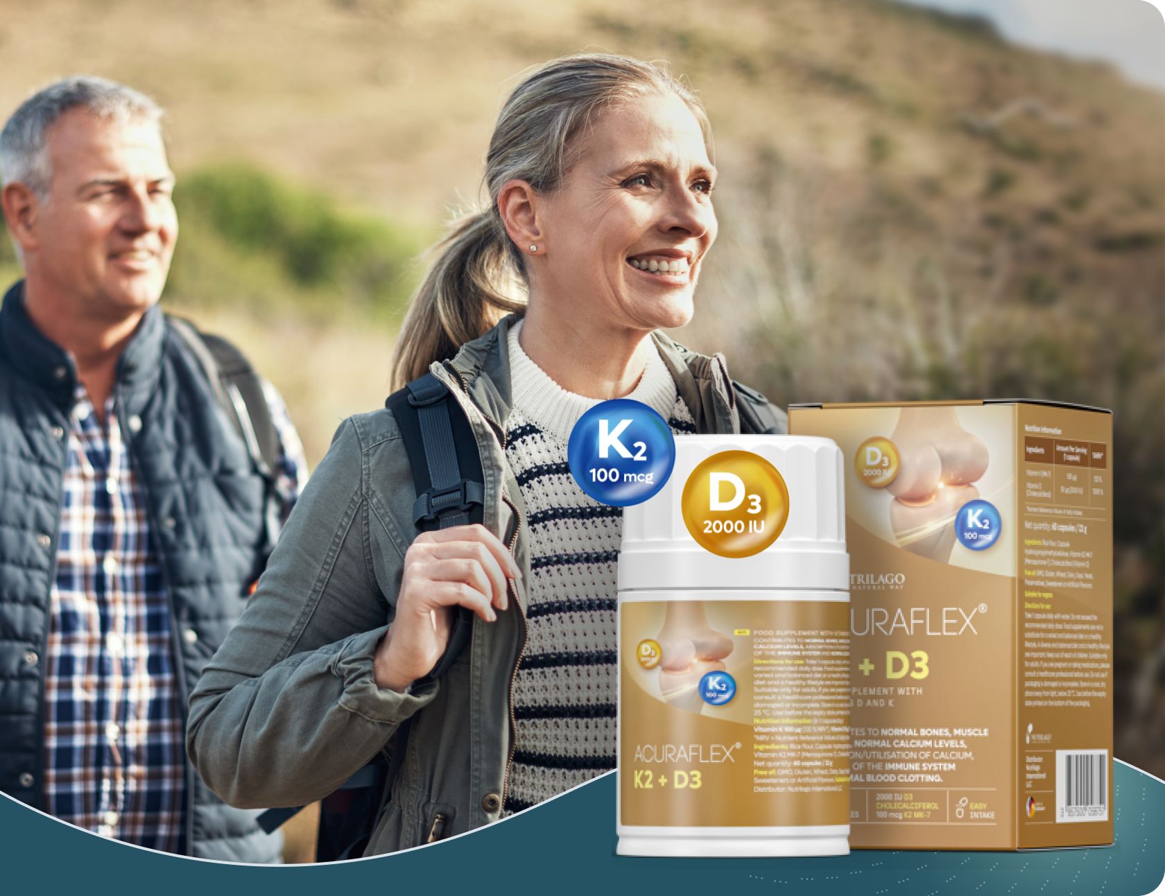 Produkt ACURAFLEX K2 + D3, Flasche und Verpackung. Aufschrift: K2 100 mcg, D3 2000 I.E. Zwei Personen im Hintergrund.
