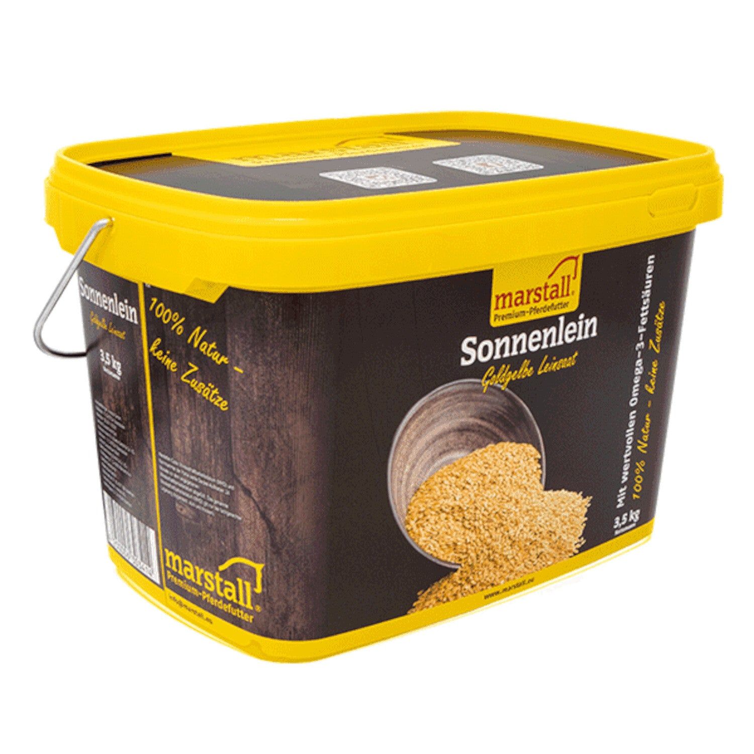 Eckiger Eimer Marstall Sonnenlein mit gelbem Deckel und Griff. Goldgelbe Leinsaat wird aus dem Eimer geschüttet. Produktinformationen.