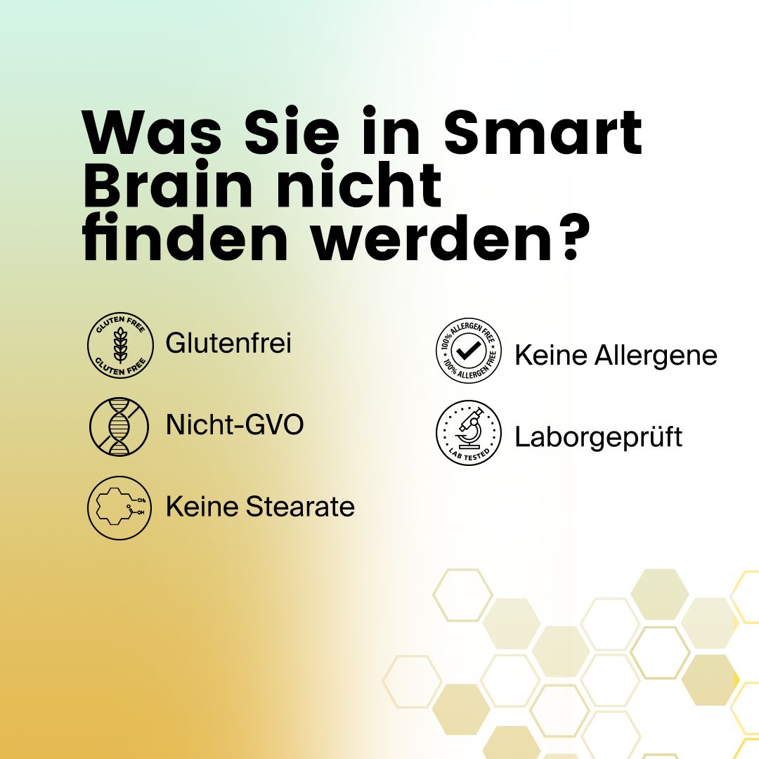 Symbole: Glutenfrei, Nicht-GVO, Keine Stearate, Keine Allergene, Laborgeprüft. Text: Was Sie in Smart Brain nicht finden werden?