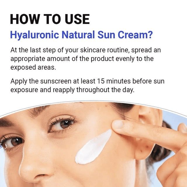 Anwendungshinweise für Isntree Hyaluronic Acid Natural Sun Cream mit einer Person, die sie aufträgt.
