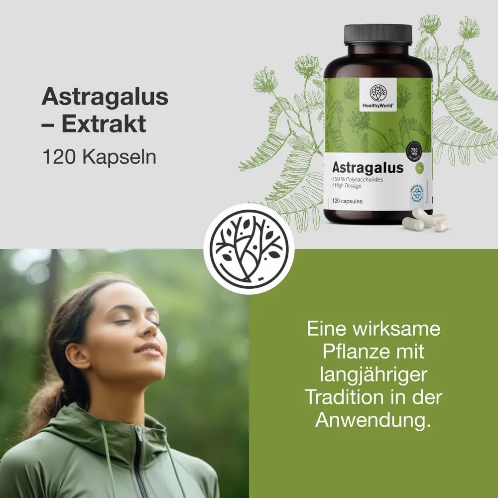 Produktabbildung: Flasche mit Astragalus-Kapseln. Frau atmet im Hintergrund. Text: Astragalus Extrakt, 120 Kapseln.