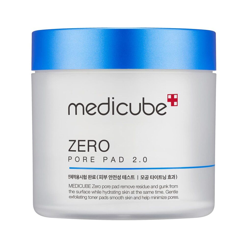 Medicube Zero Pore Pad 2.0: Toner-Pads zur Hautpflege in einem weißen Behälter mit blauem Deckel.