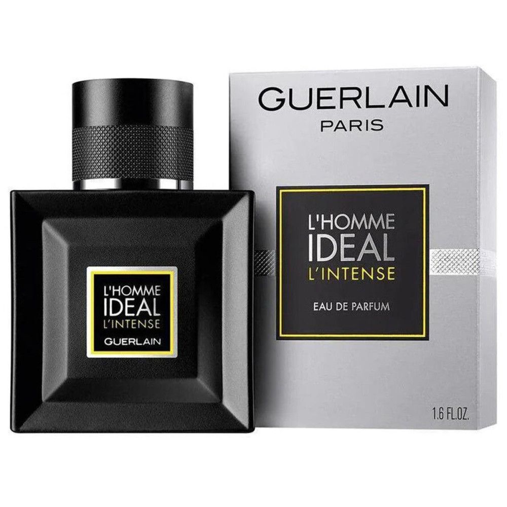 Schwarzer Flakon und Verpackung. Aufschrift: L'Homme Ideal L'Intense, Guerlain. Flakon mit schwarzem Deckel. Verpackung mit Logo.
