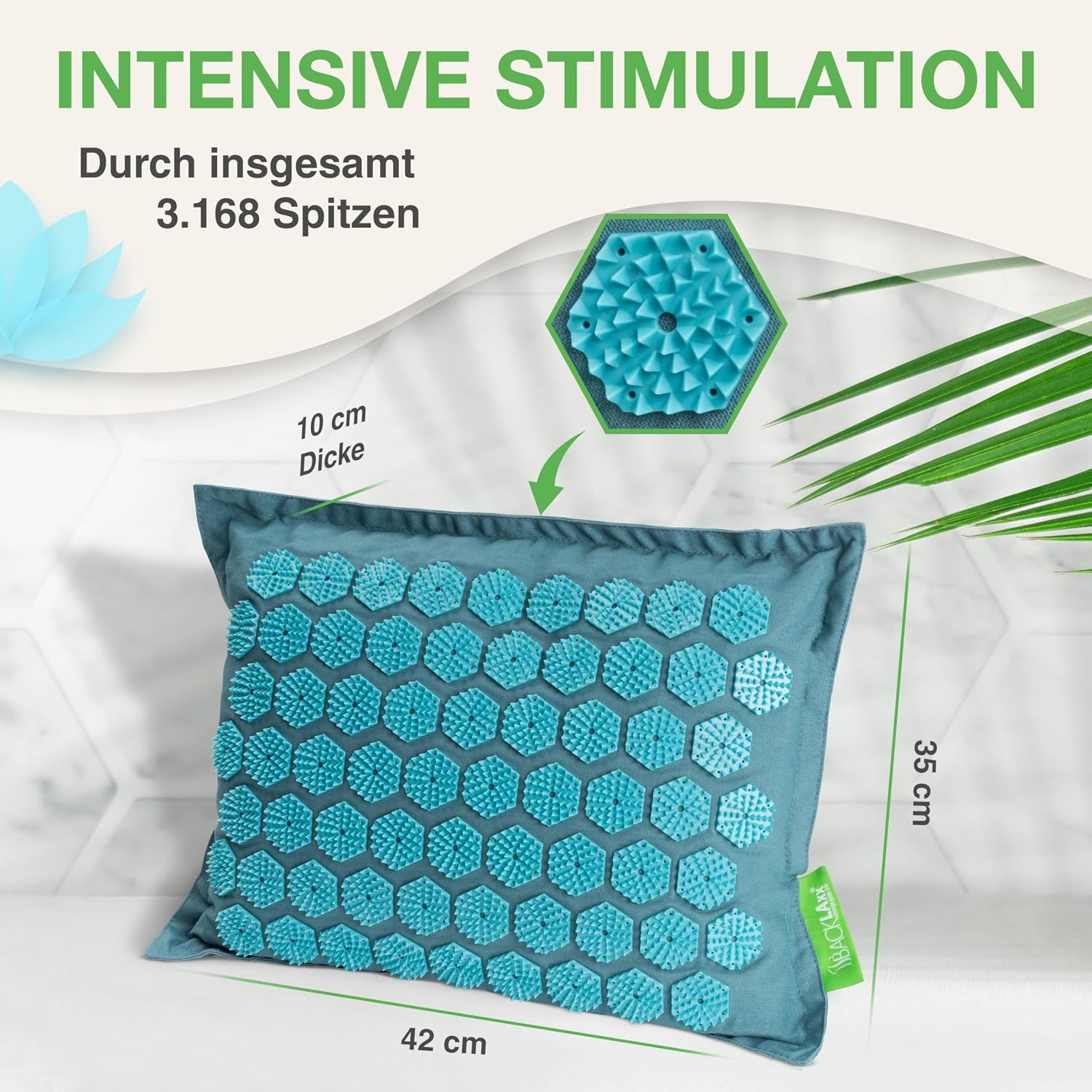 Akupressurkissen 42x35cm, 10cm dick, mit 3.168 Spitzen für intensive Stimulation.