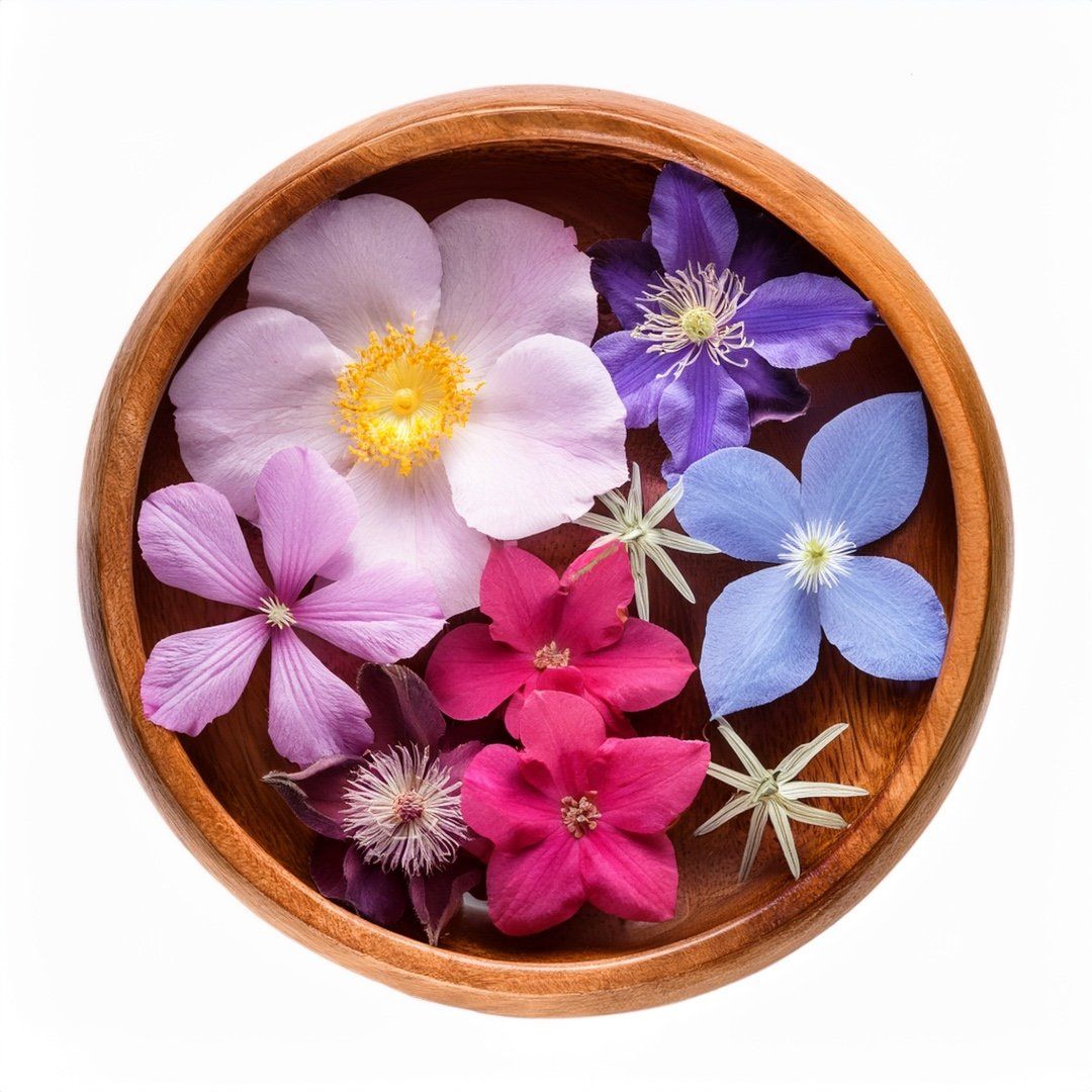 Holzschale mit bunten Blüten. Verschiedene Farben und Formen. Blütenblätter und Blütenmitte deutlich sichtbar.