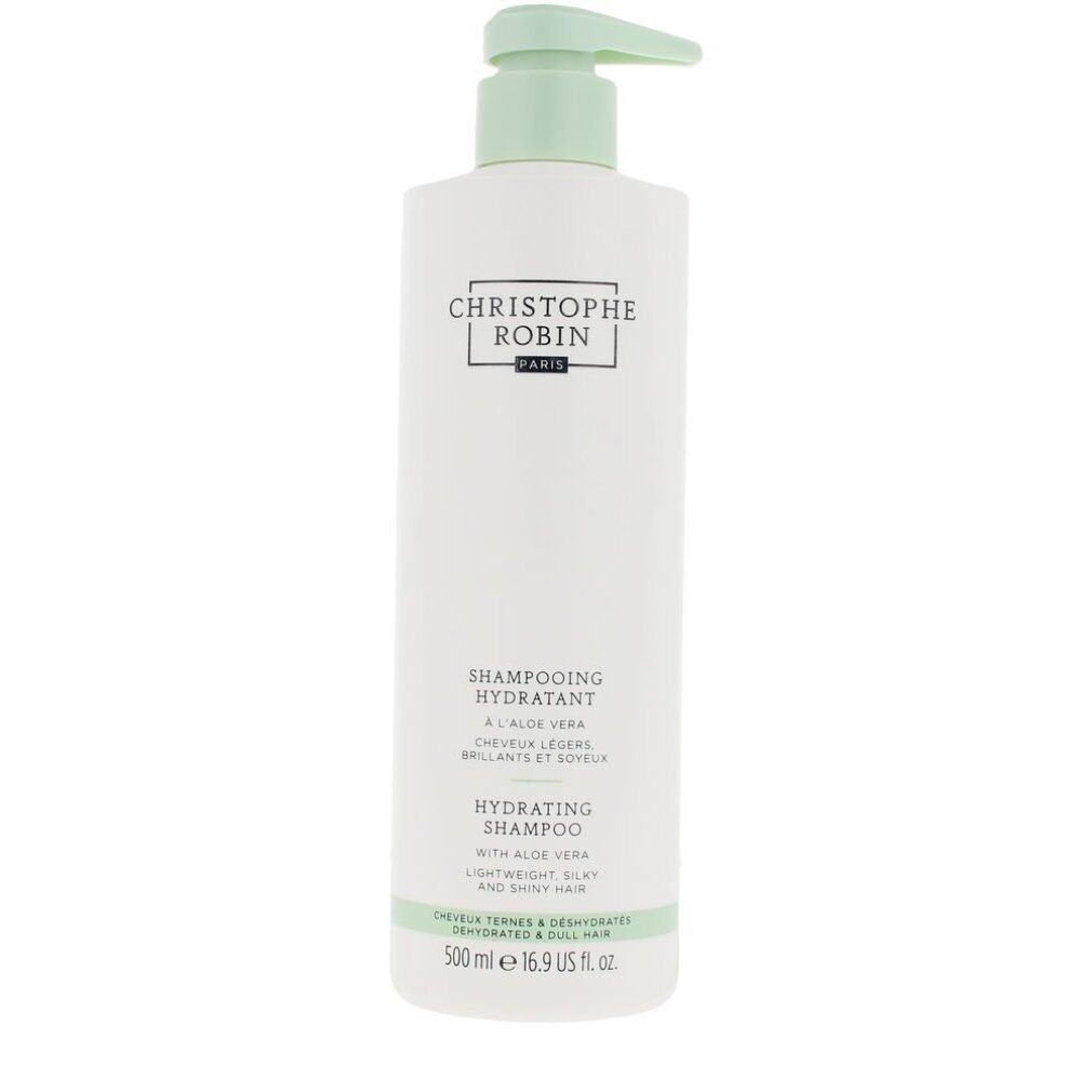 Weiße Shampoo-Flasche mit grünem Pumpkopf. Text: Christophe Robin, Hydrating Shampoo, mit Aloe Vera. 500 ml.