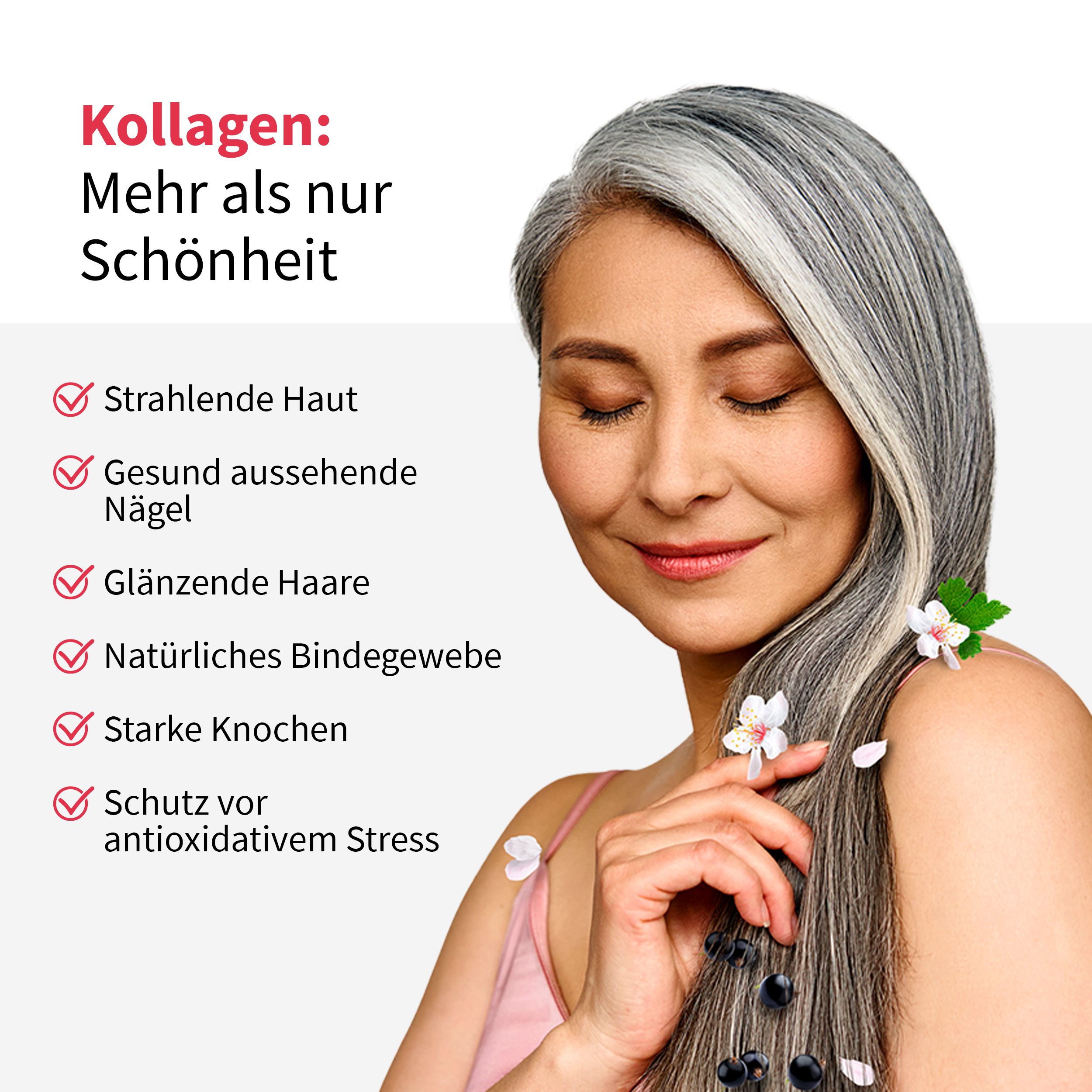 Frau mit grauen Haaren. Vorteile: strahlende Haut, gesunde Nägel, glänzendes Haar, Bindegewebe, starke Knochen, Antioxidantien.