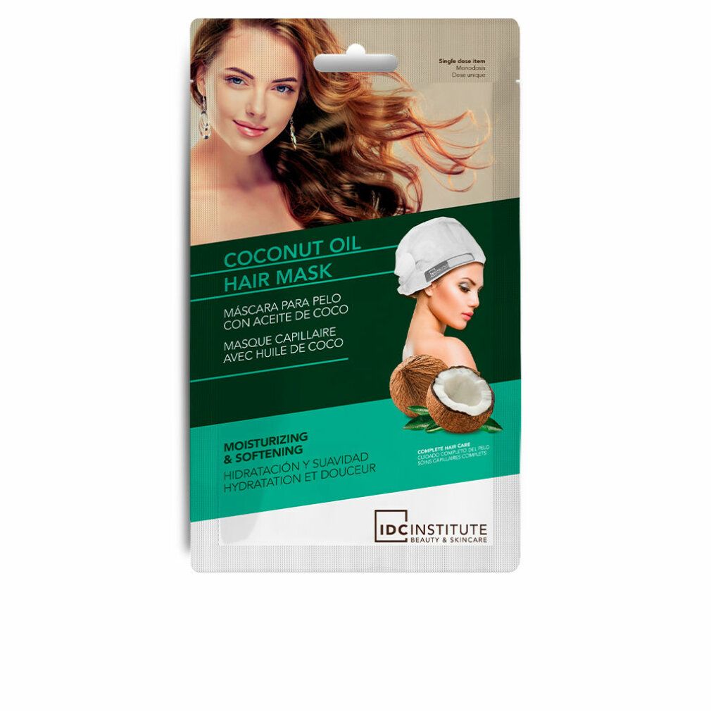 Verpackung mit Kokosöl-Haarmaske. Abgebildet sind eine Frau mit langen Haaren und eine Frau mit Haube und Kokosnuss.