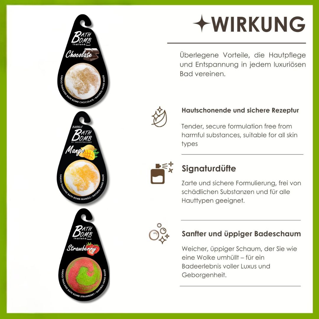 Infografik mit drei Badebomben. Text über Vorteile, Rezepturen und Duftnoten. Illustrationen und Icons.