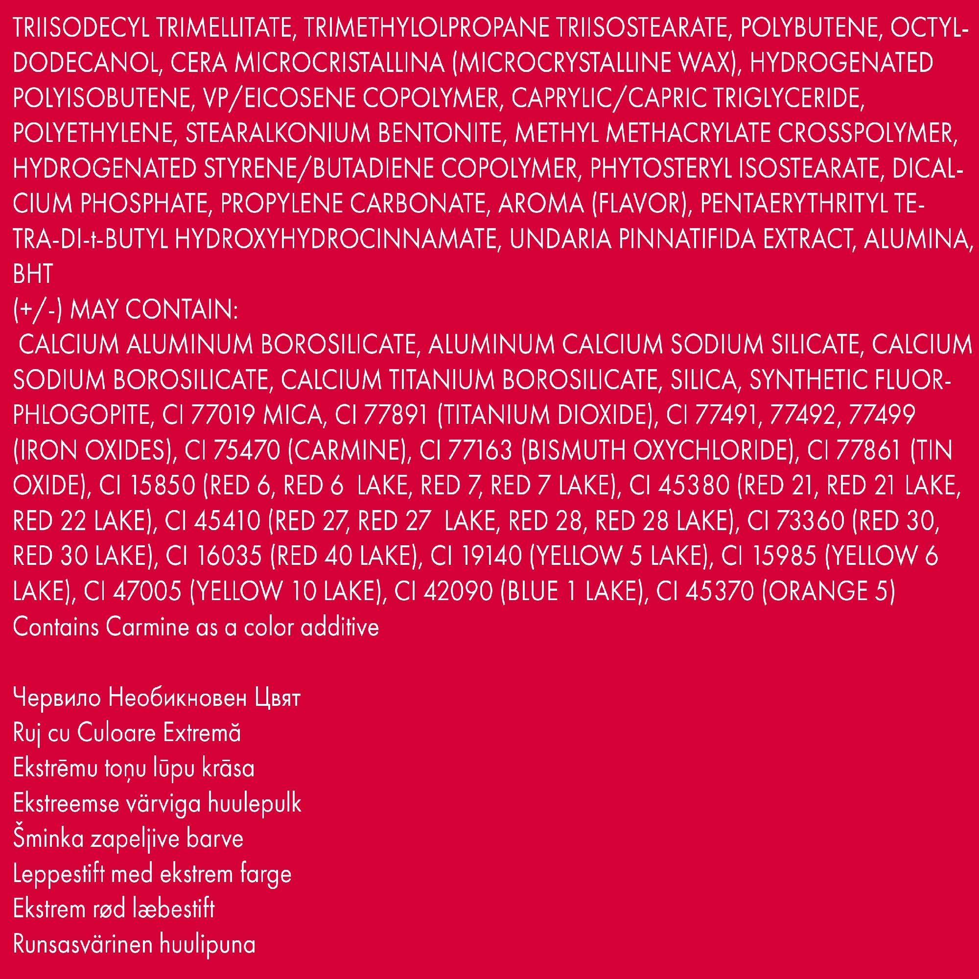 Text mit Inhaltsstoffen und Farbstoffen für Kosmetika. Enthält unter anderem Carmine.
