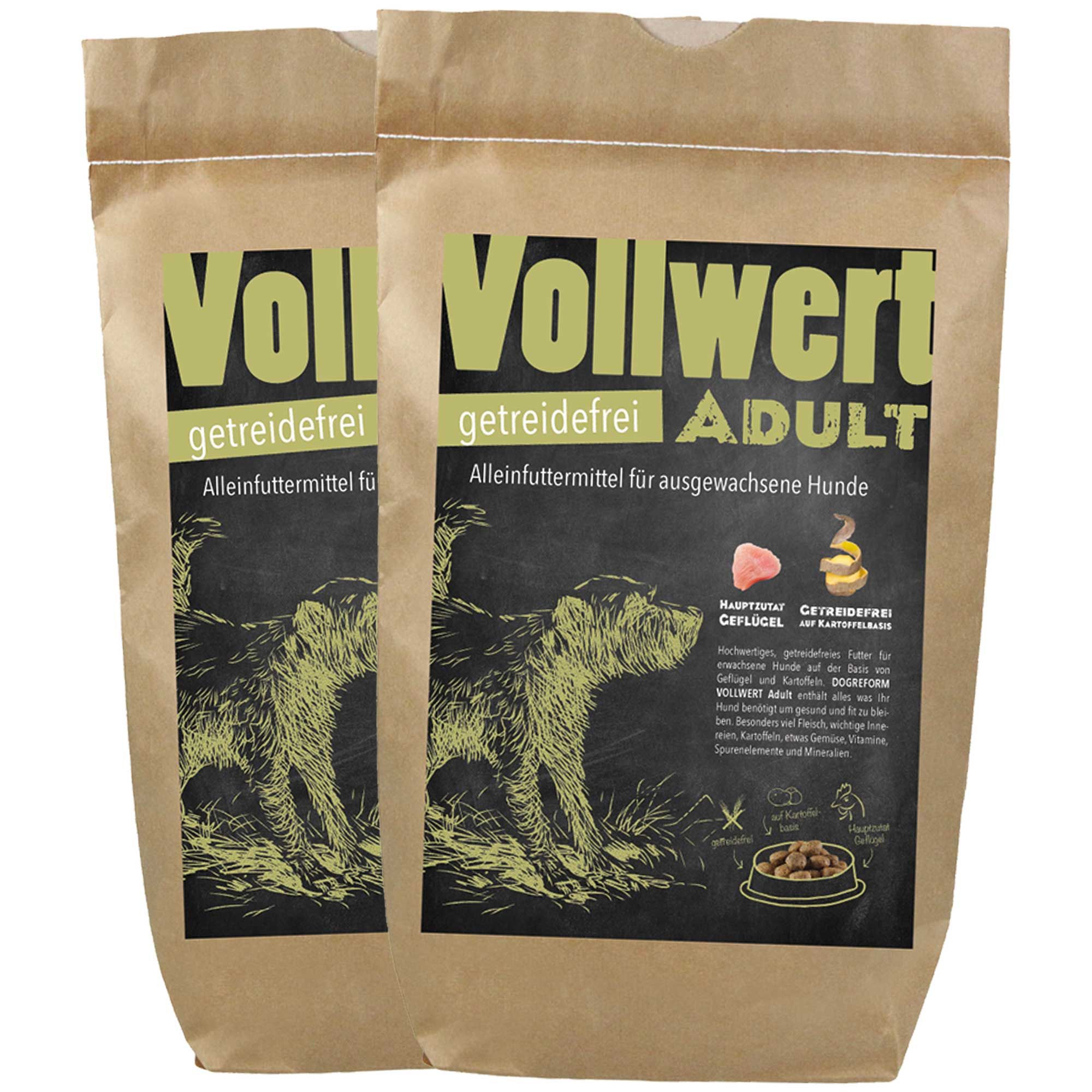Zwei braune Papiertüten mit Aufschrift "Vollwert Adult getreidefrei". Illustration eines Hundes. Produktverpackung.