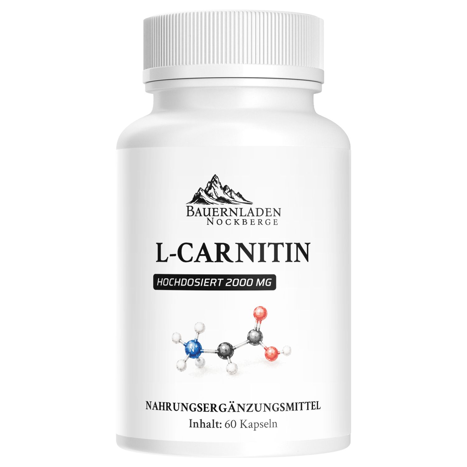 Weiße Kapsel mit L-Carnitin 2000 mg, Nährwertangaben und Molekülstruktur.