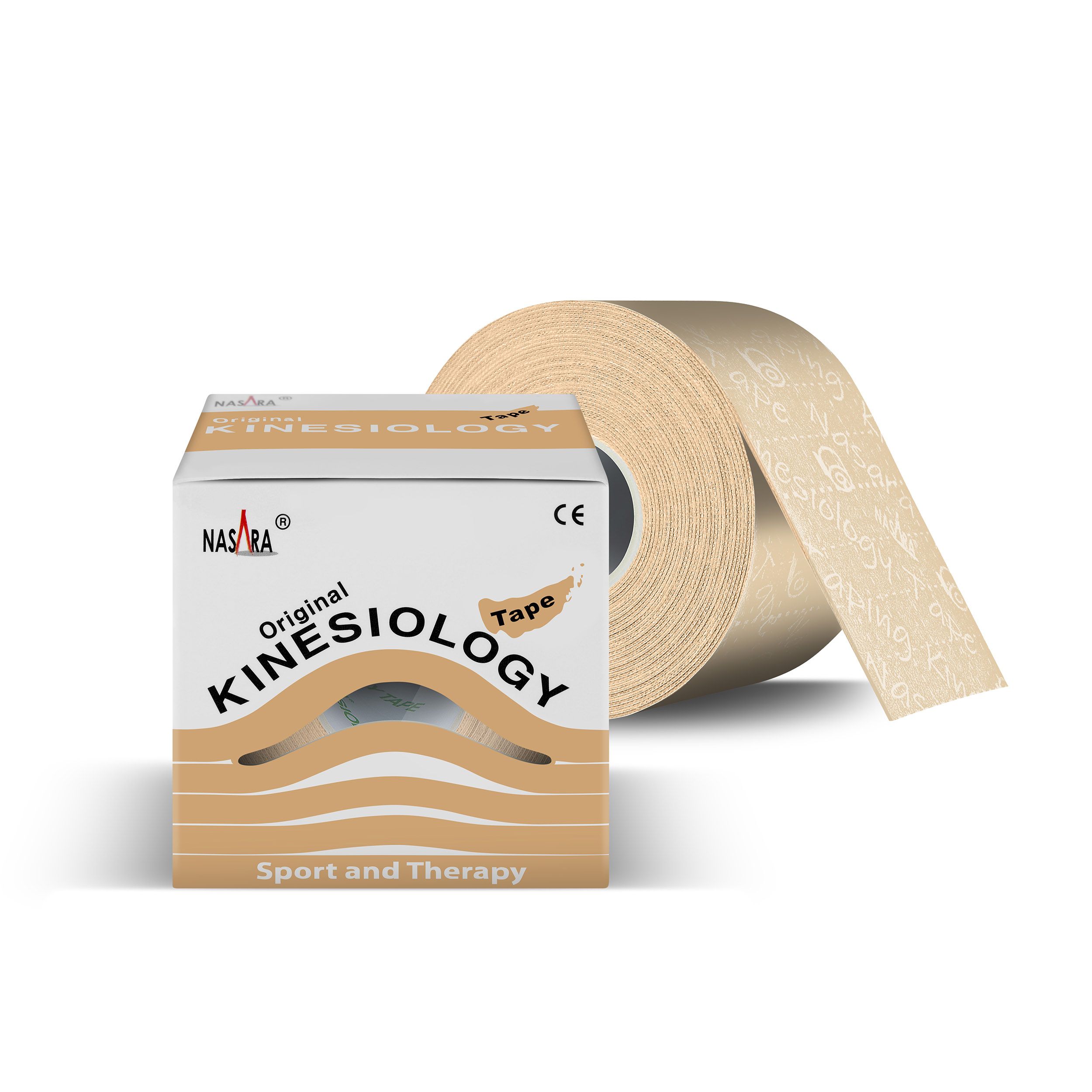 Beige Kinesiologie-Tape-Rolle und Box. Box mit Aufschrift NASARA Original Kinesiology Tape. CE-Zeichen.