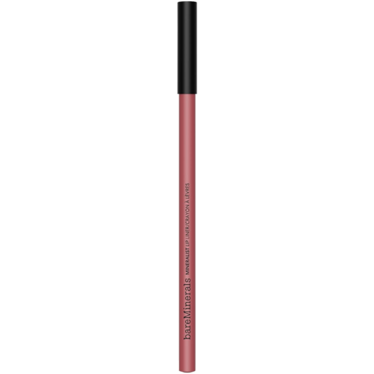 Lippenkonturenstift mit schwarzer Kappe. Rosa Stift. Aufschrift: bareMinerals, Mineralist Lip Liner Crayon à Lèvres.
