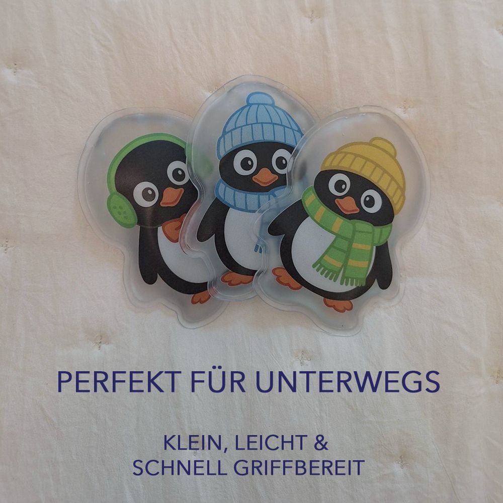 Drei Handwärmer in Pinguin-Form. Text: Perfekt für unterwegs. Klein, leicht & schnell griffbereit.