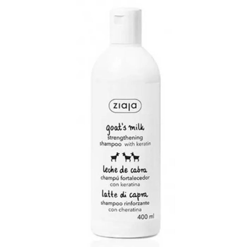 Weiße Flasche mit Ziaja-Logo und Text: goat's milk, Leche de cabra, Latte di capra. 400 ml.