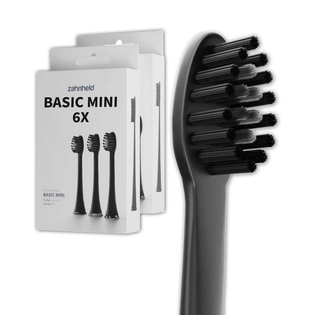 Drei Packungen Zahnheld Basic Mini Bürstenköpfe, 6 Stück pro Packung.