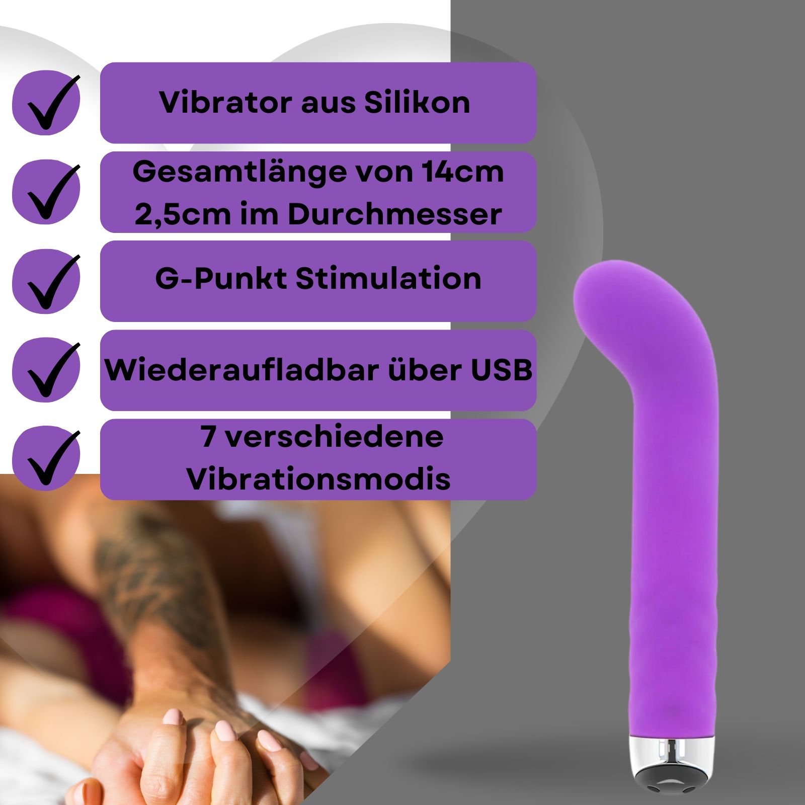Lila Vibrator. Text mit Eigenschaften: Silikon, 14cm lang, 2,5cm Durchmesser, G-Punkt, USB, 7 Modi.