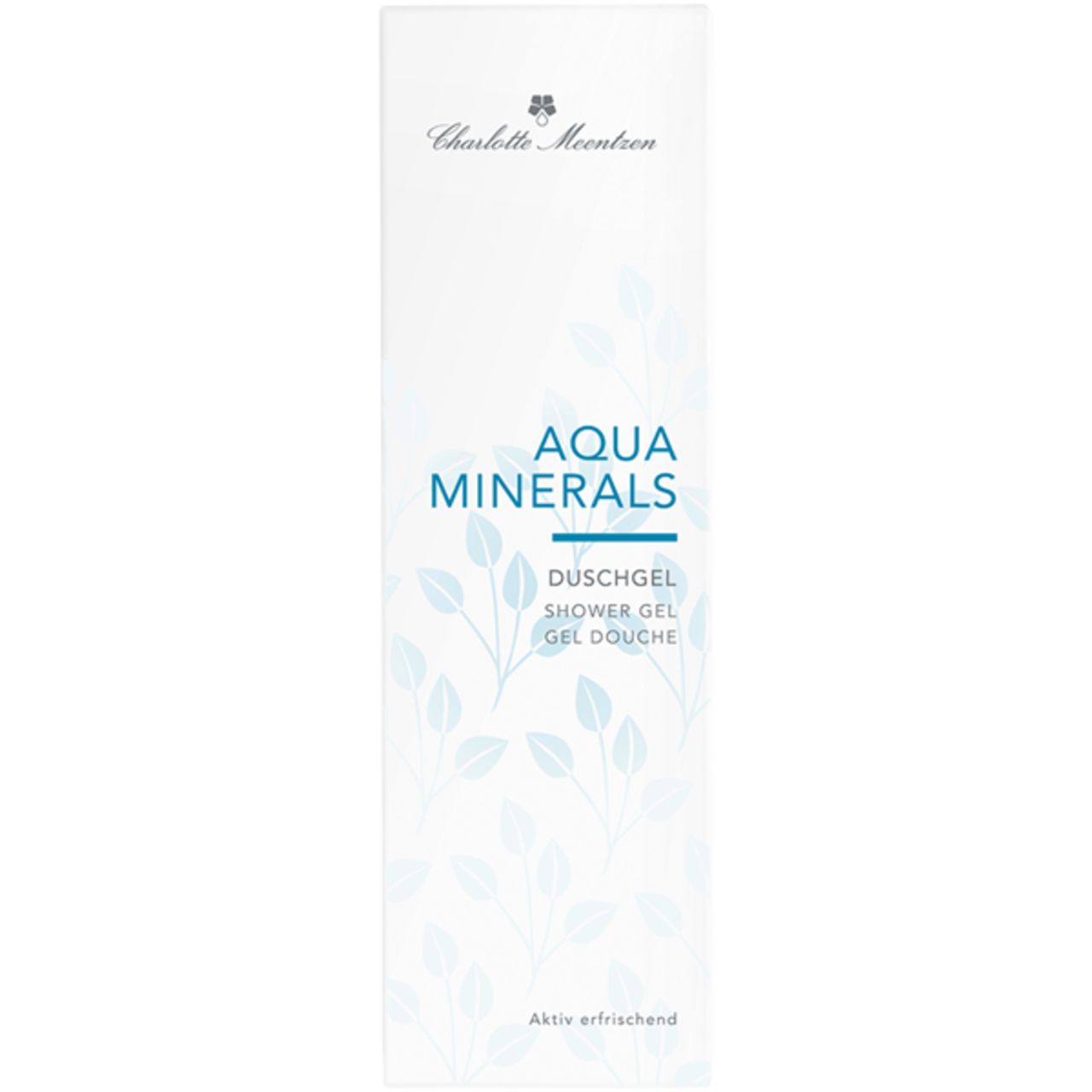 Weiße Verpackung mit Produktnamen Aqua Minerals und Charlotte Meentzen Logo. Blättermuster und Text: Duschgel, aktiv erfrischend.