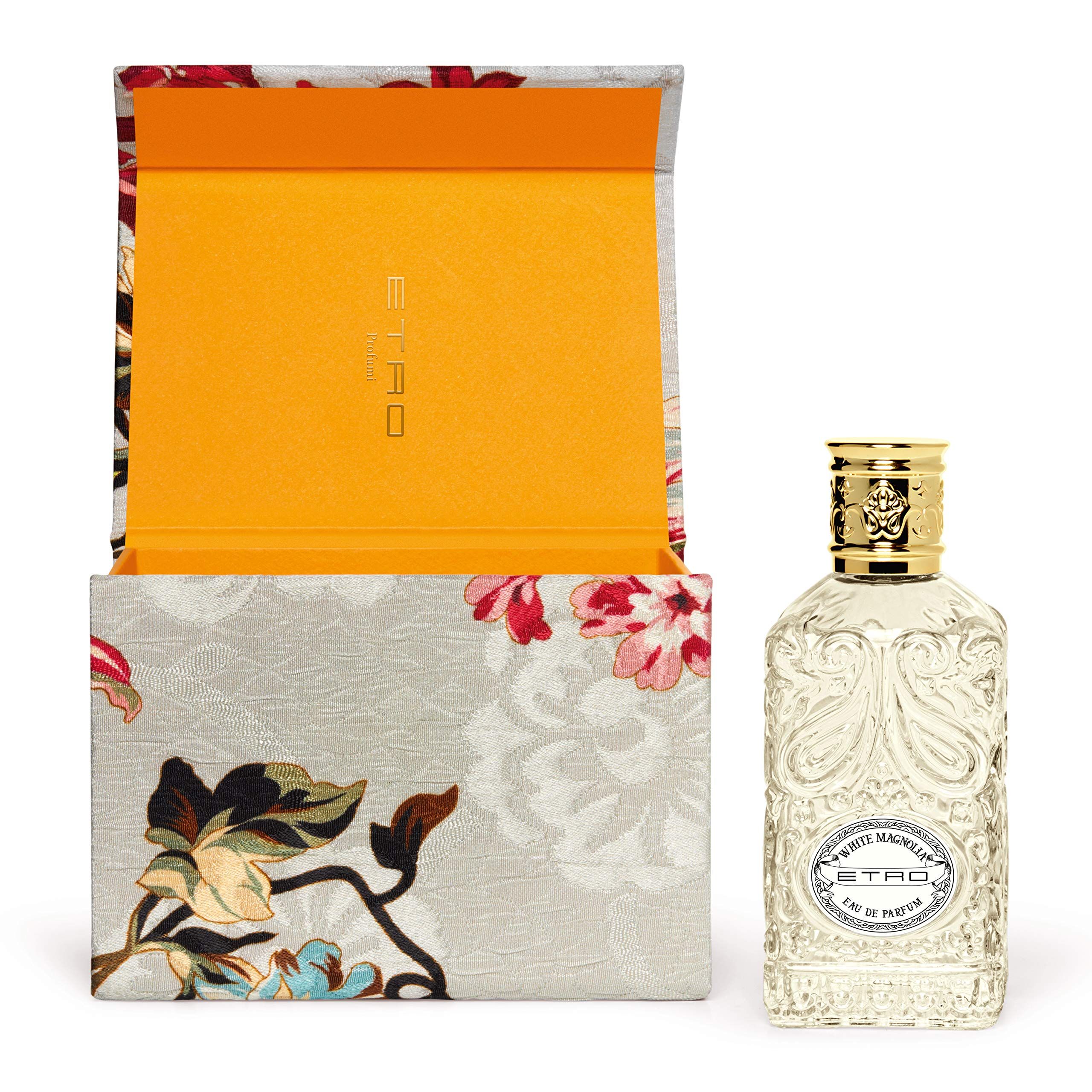 Etro White Magnolia Eau de Parfum Flakon neben geöffneter Box.