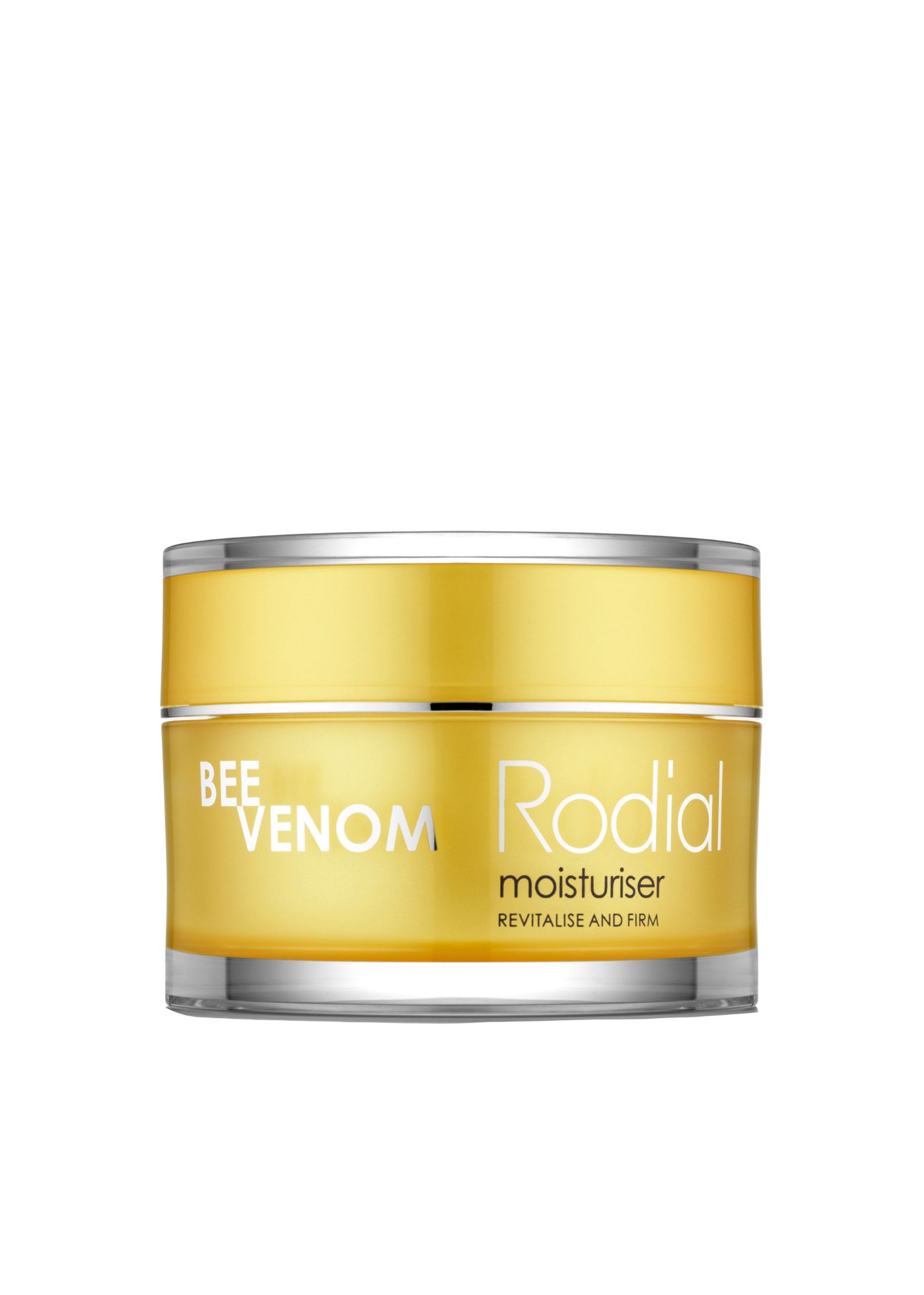 Gelbe Creme-Dose mit silbernem Deckel. Aufschrift: BEE VENOM, Rodial, moisturiser, REVITALISE AND FIRM.
