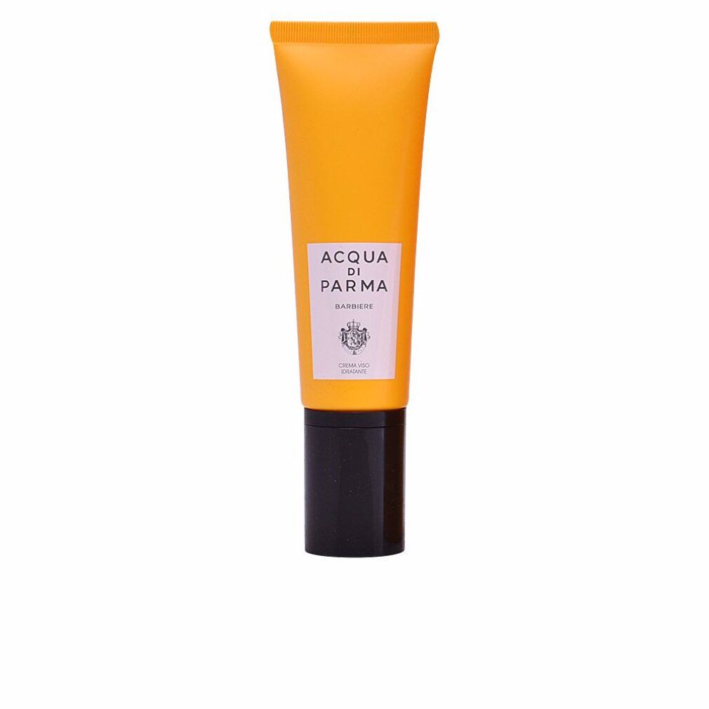 Gelbe Tube mit schwarzem Verschluss. Aufschrift: Acqua di Parma, Barbiere, Creme Viso. Logo.