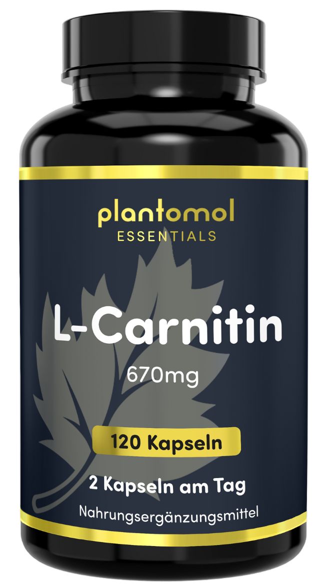 Schwarze Flasche mit gelben Akzenten. Aufschrift: L-Carnitin, 670mg, 120 Kapseln. Nahrungsergänzungsmittel.