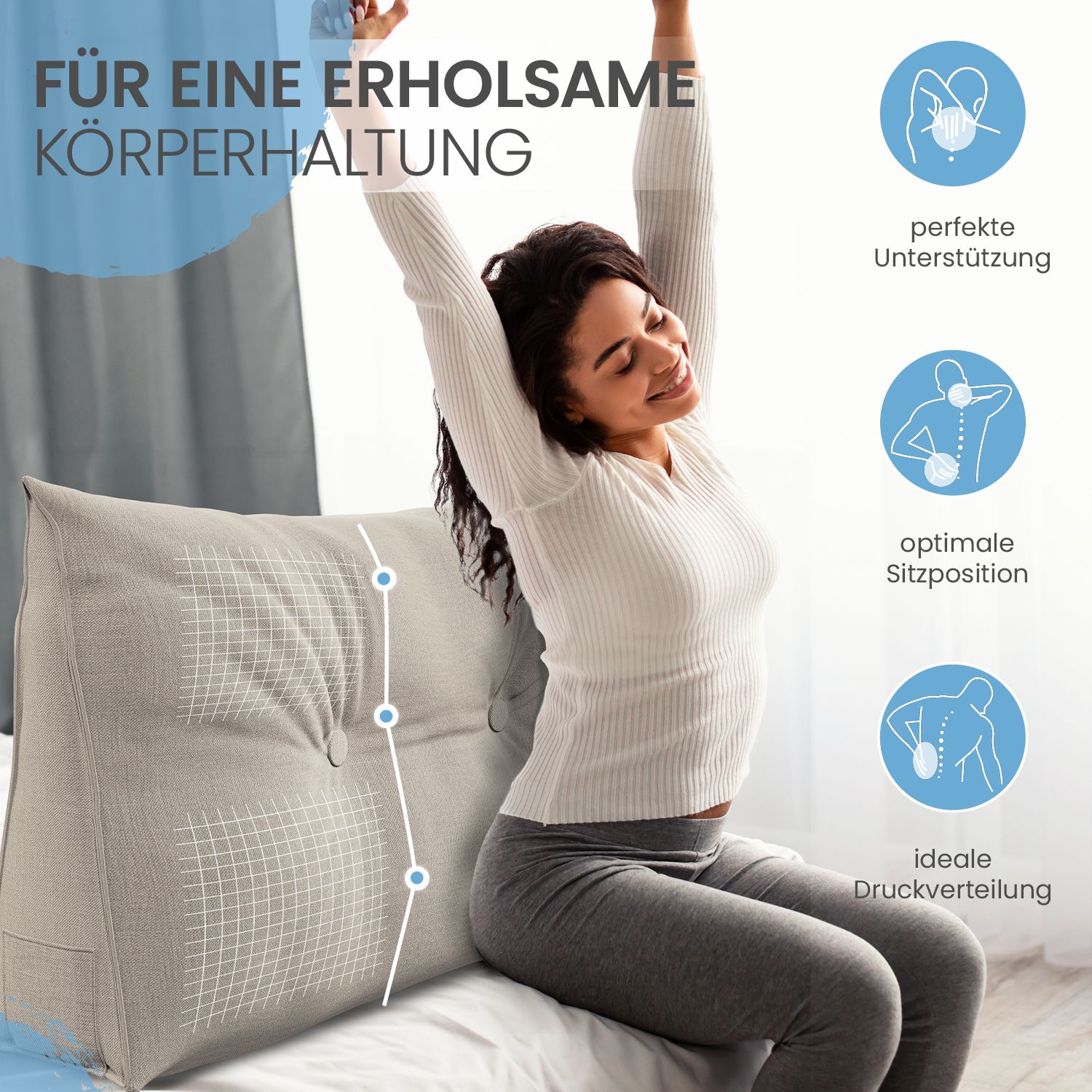 Frau sitzt mit einem beigen Keilkissen. Text: FÜR EINE ERSAME KÖRPERHALTUNG. Grafiken: perfekte Unterstützung, optimale Sitzposition.