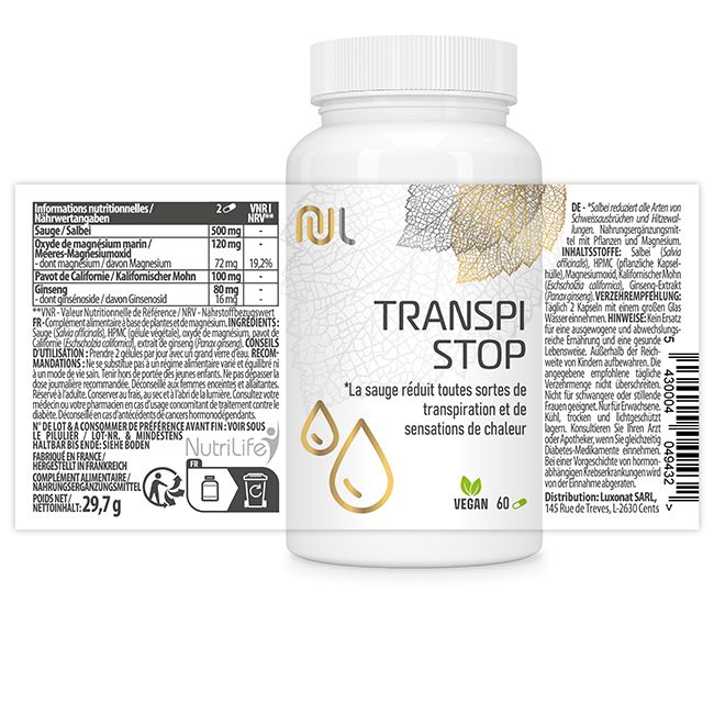 Weiße Flasche mit Kapseln. Aufschrift: TRANSPI STOP. Vegan-Siegel. Logo: NL. Beipackzettel mit Informationen.