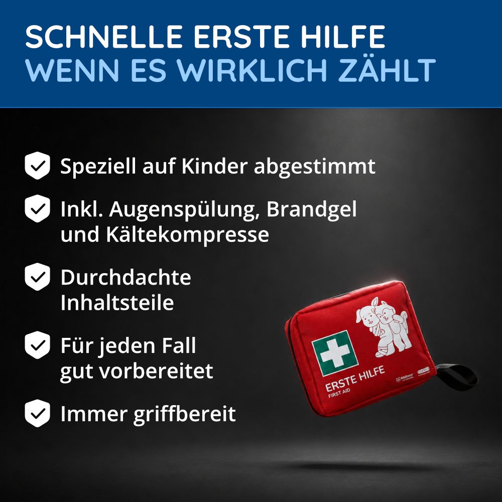Rotes Erste-Hilfe-Set mit weißem Kreuz und Tiermotiv. Enthält Augenspülung, Brandgel und Kältekompresse. Text: Schnelle Erste Hilfe.