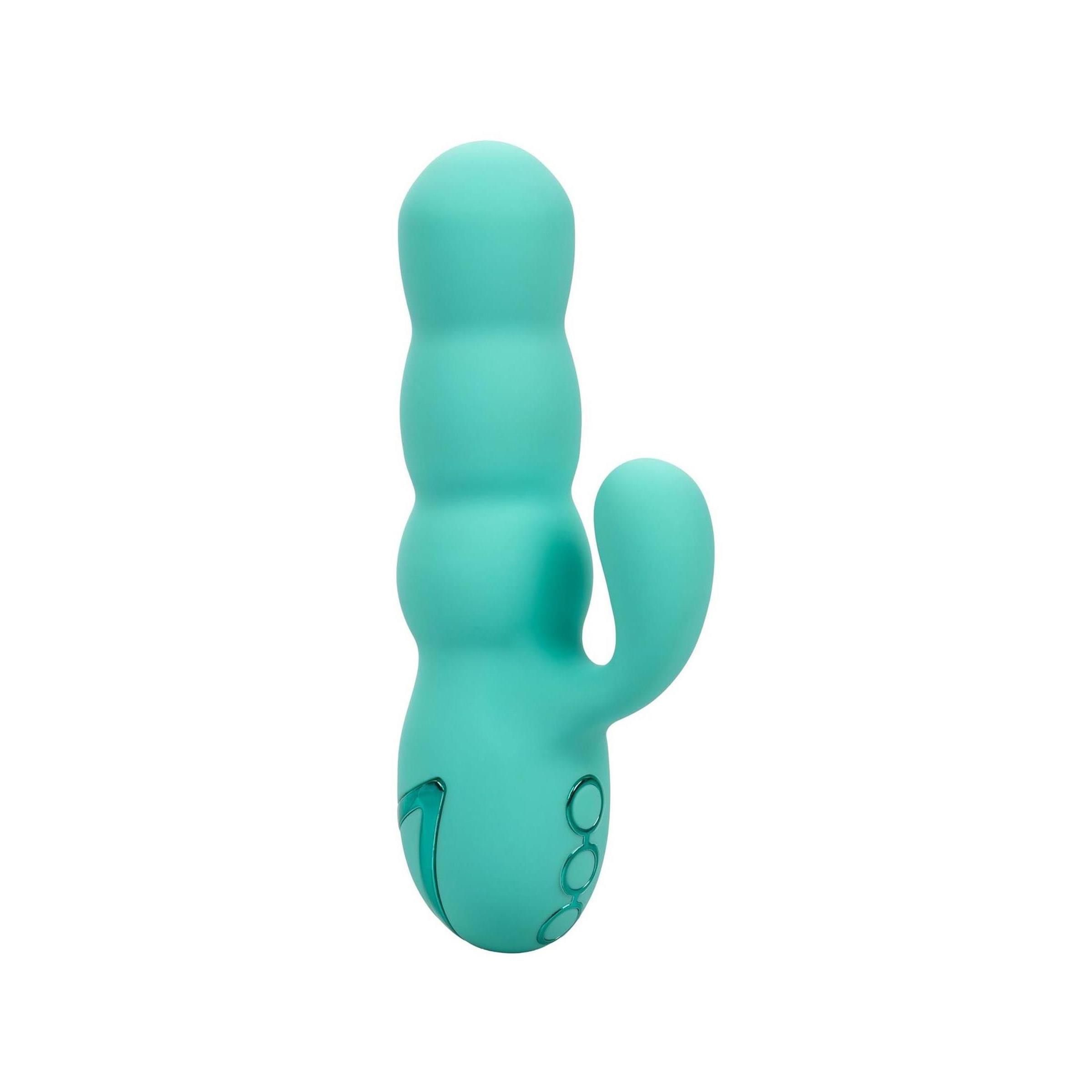 Türkisfarbener Vibrator mit abgerundeten Formen und einem gebogenen Arm. Drei Knöpfe an der Basis.