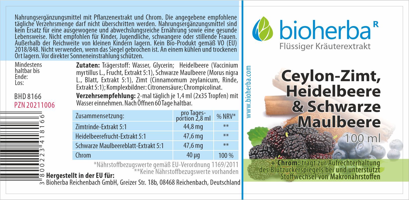 Bioherba Ceylon-Zimt Heidelbeere & Schwarze Maulbeere Tropfen Tinktur