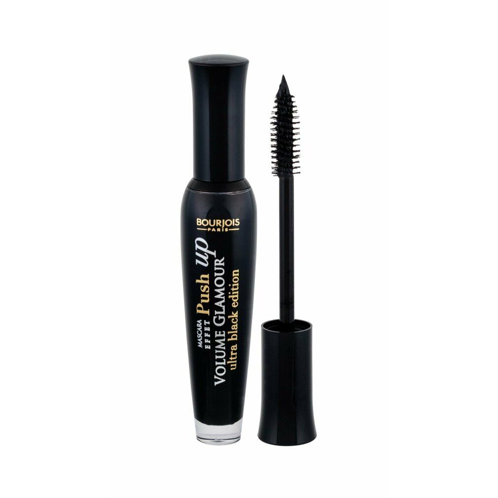 Schwarze Mascara-Tube mit Bürste. Aufschrift: Bourjois, Push up, Volume Glamour, Ultra Black Edition.