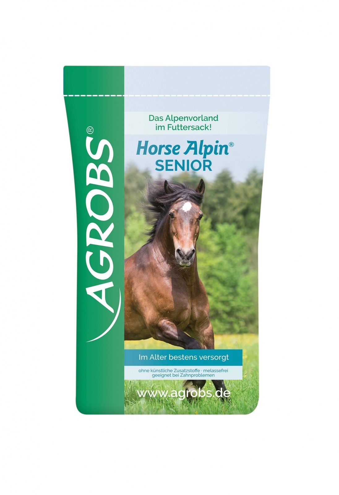 Verpackung von Horse Alpin Senior. Grün-weiße Tüte mit Produktname und Pferdeabbildung. Text: Im Alter bestens versorgt.
