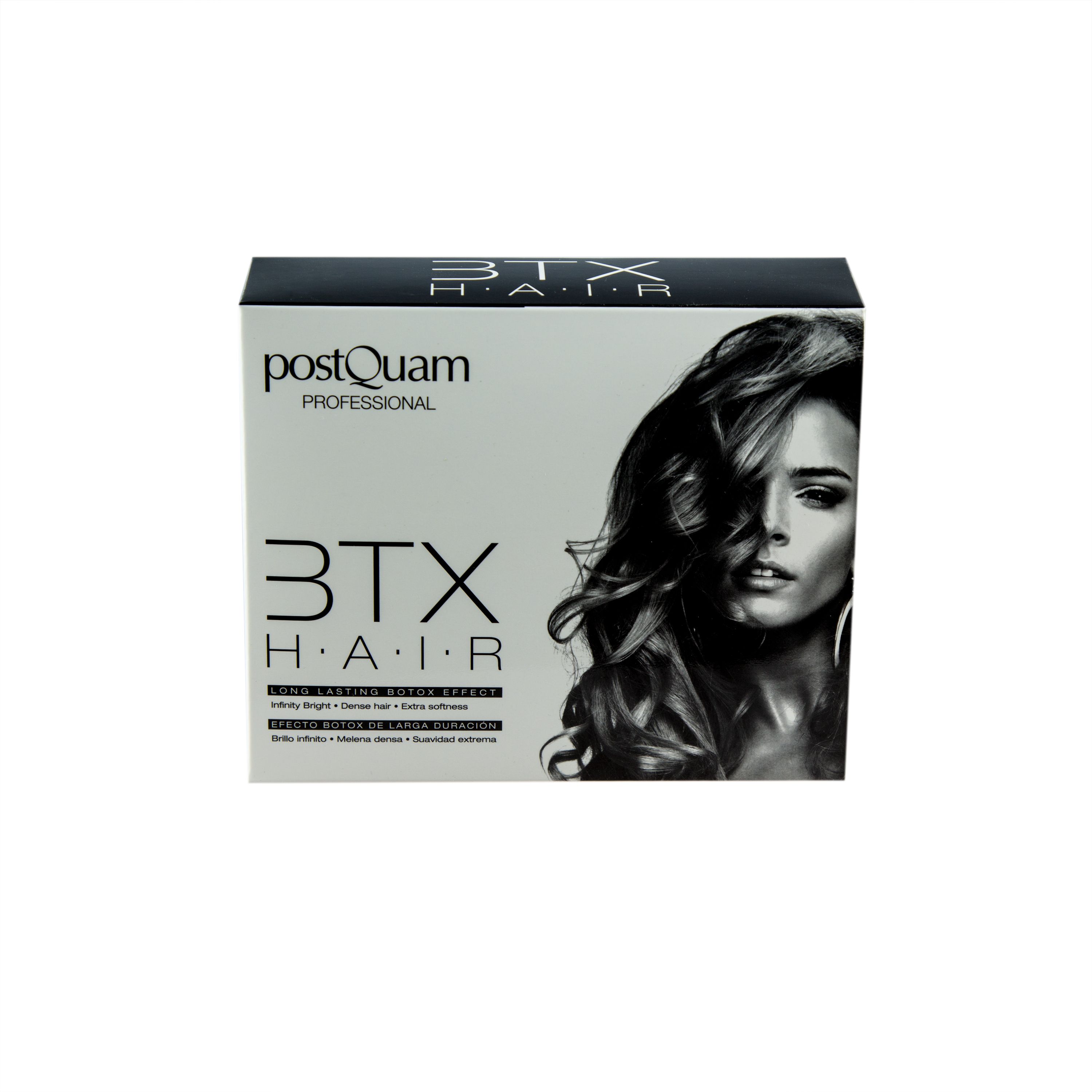 Produktverpackung mit Aufdruck: PostQuam, 3TX HAIR. Abbildung einer Frau mit welligem Haar.