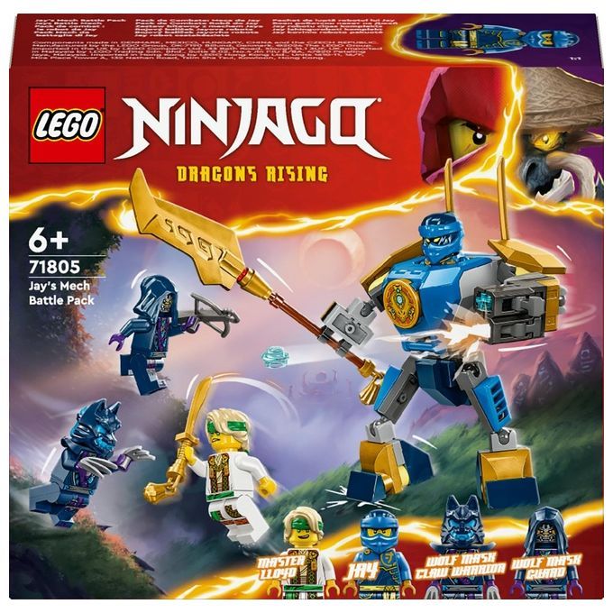 LEGO Ninjago 71805 Pack Mech da Battaglia di Jay. La confezione mostra un modello di mech blu e oro con personaggi. Il set è per bambini dai 6 anni in su. Include personaggi di Jay, Master Lloyd e guerrieri Wolf Mask. Include accessori come armi.