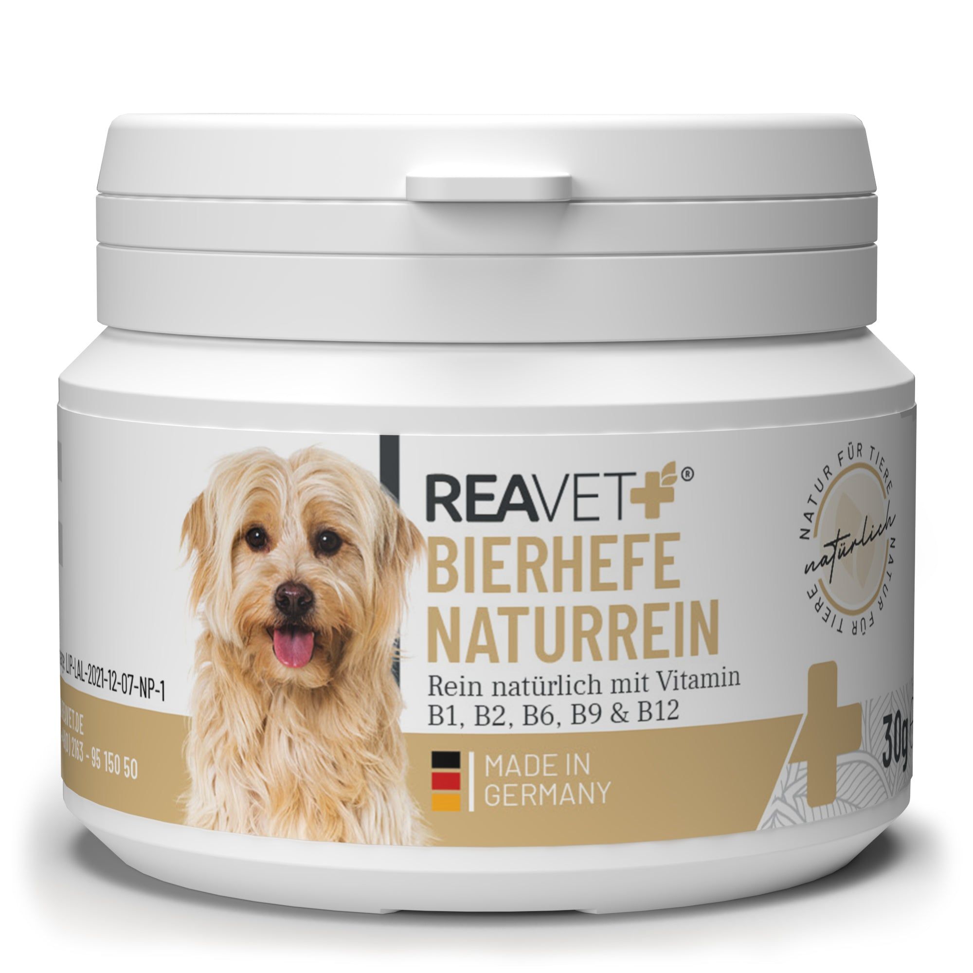Behälter mit Bierhefe Pulver. Aufschrift: REAVET, Bierhefe Naturrein. Mit Hund abgebildet. Hergestellt in Deutschland. 30g.