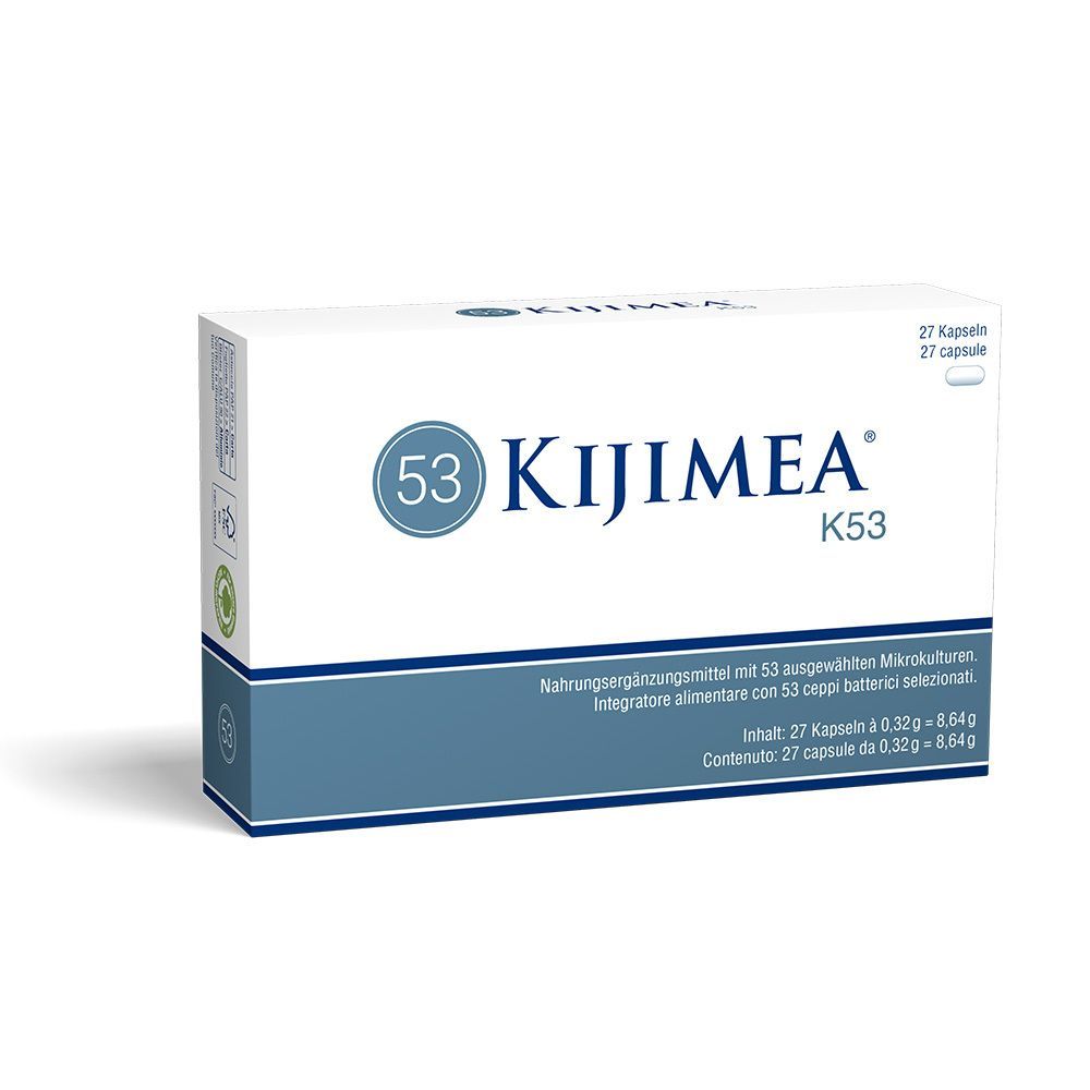 Kijimea® K53-Verpackung. Weiße Schachtel mit blauem Schriftzug. Enthält 27 Kapseln. Aufschrift: Nahrungsergänzungsmittel mit 53 ausgewählten Mikrokulturen.