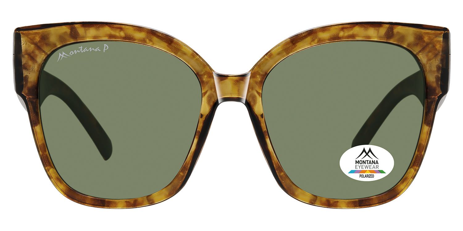 Sonnenbrille mit braunem Rahmen und grünen Gläsern. Montana Eyewear Logo auf dem Glas. Polarisiert.