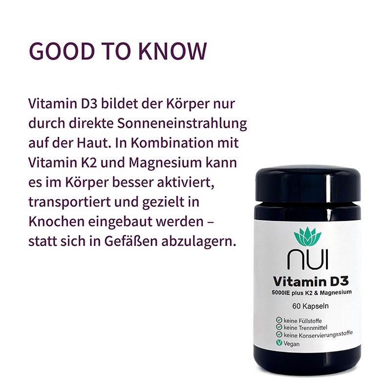 Informationen zur Verwendung von NUI Vitamin D3 5.000IE plus K2 & Magnesium. 1 Kapsel pro Woche. Einnahme zu einer Mahlzeit.