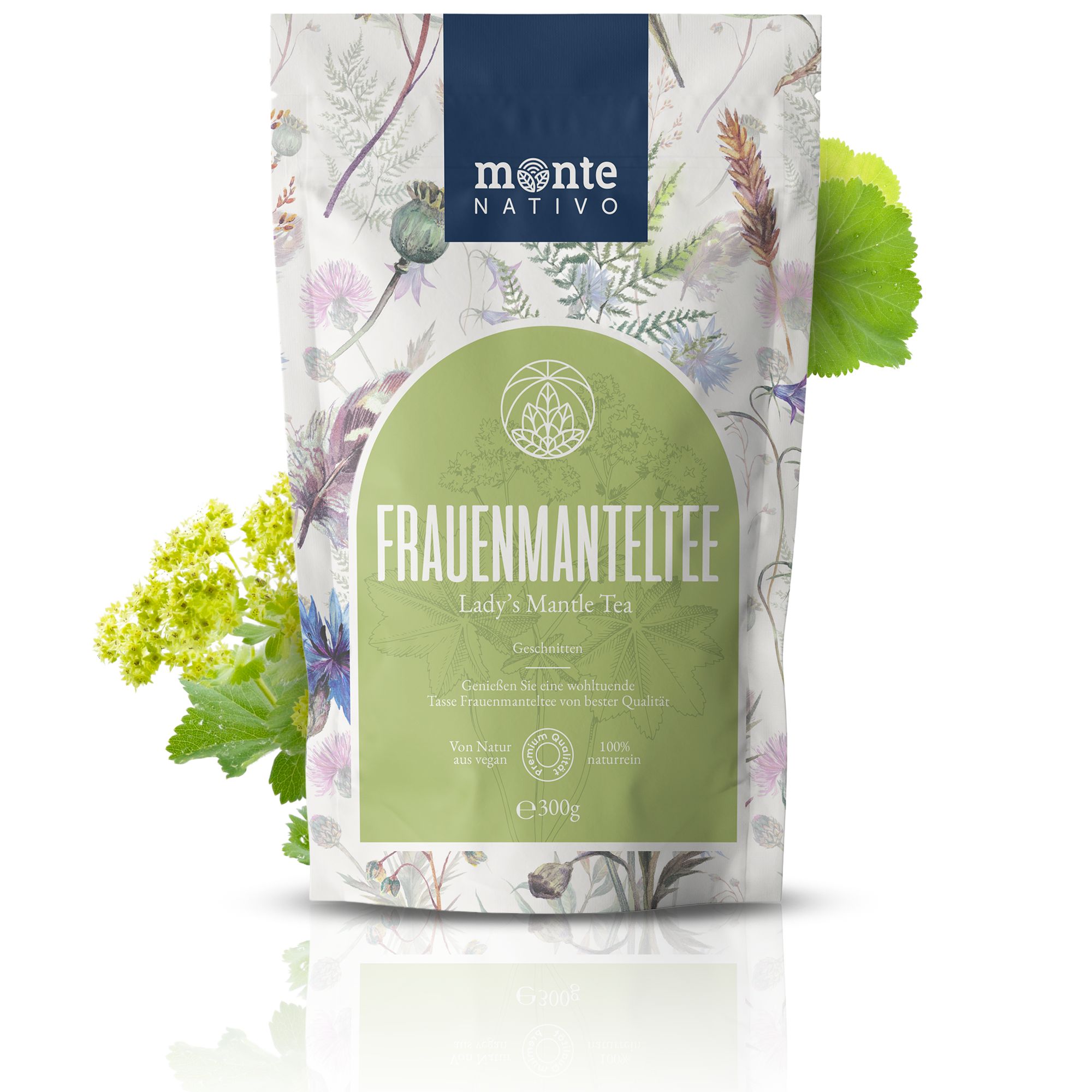 Beutel mit Kräutertee. Aufdruck: Monte Nativo, Frauenmanteltee, Lady's Mantle Tea. Floralmuster. 100% natürlich.