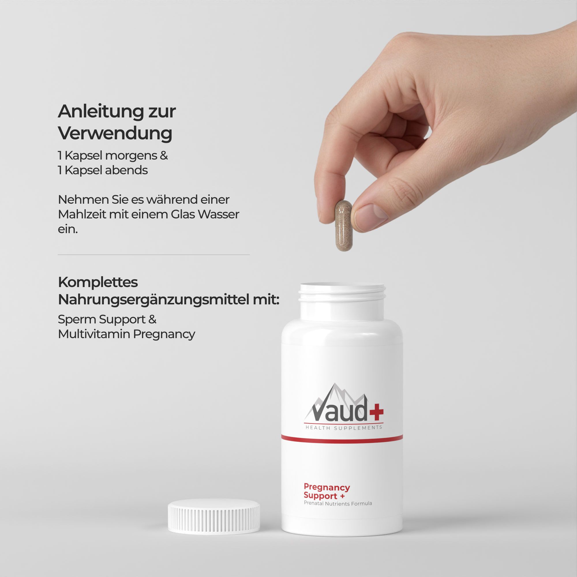 Hand hält Kapsel über Flasche. Text: Anleitung zur Verwendung. Vaud+ Health Supplements.