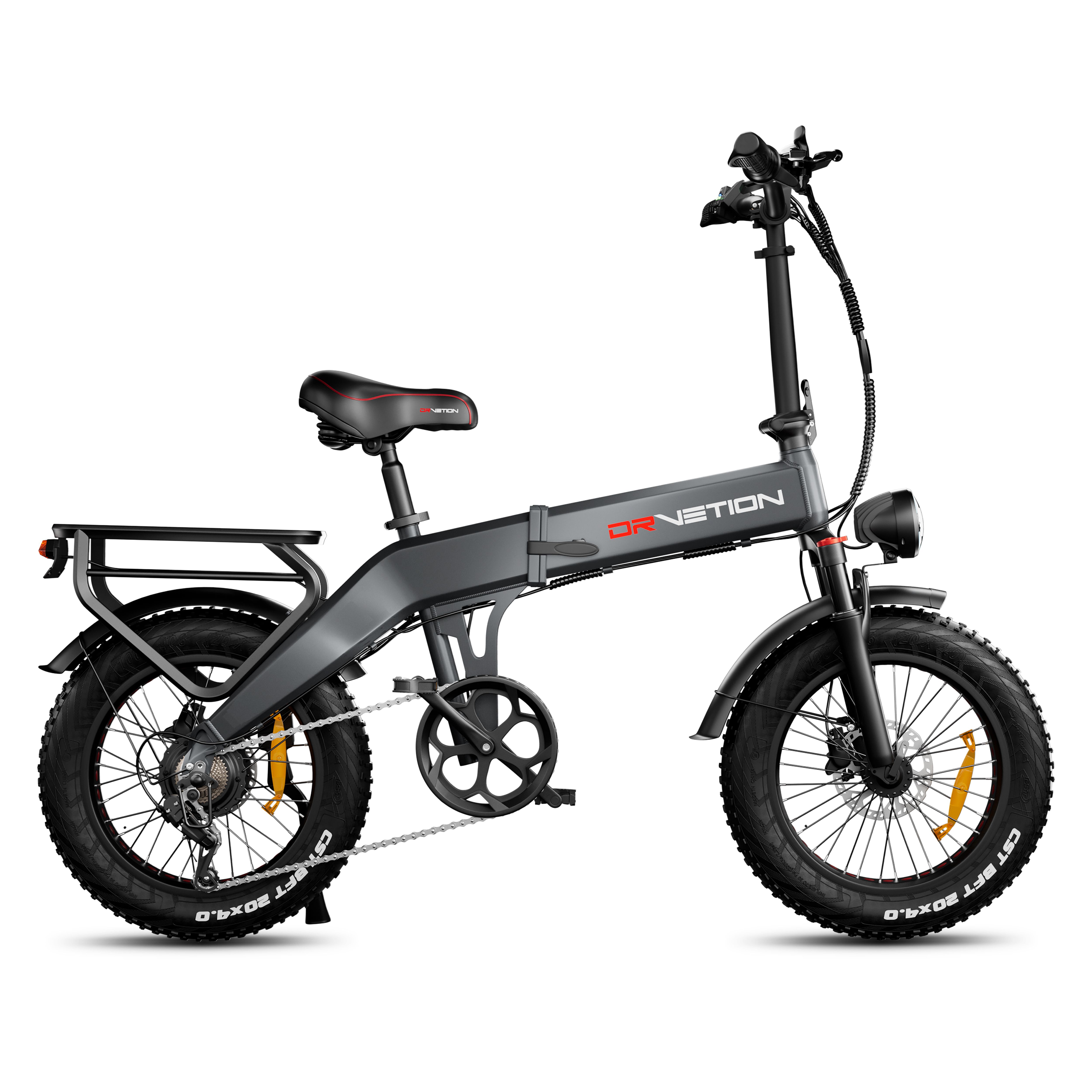 Faltbares E-Bike, grau. Schwarze Reifen, Gepäckträger, Scheinwerfer. Marke: DrveTion. 48V Batterie.