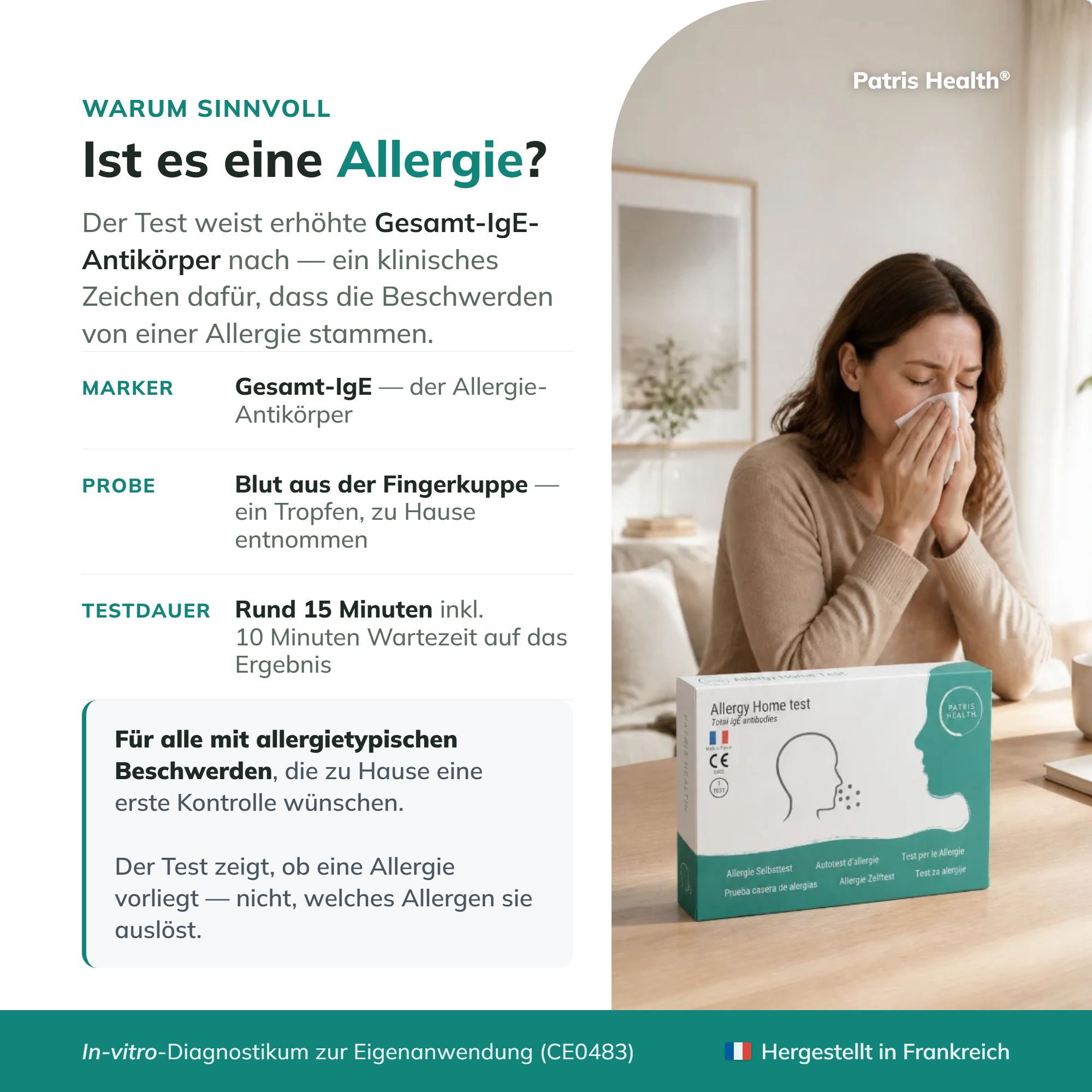 Warum ein Allergietest sinnvoll ist: IgE-Antikörper, Blutprobe, Testergebnis in 15 Minuten.