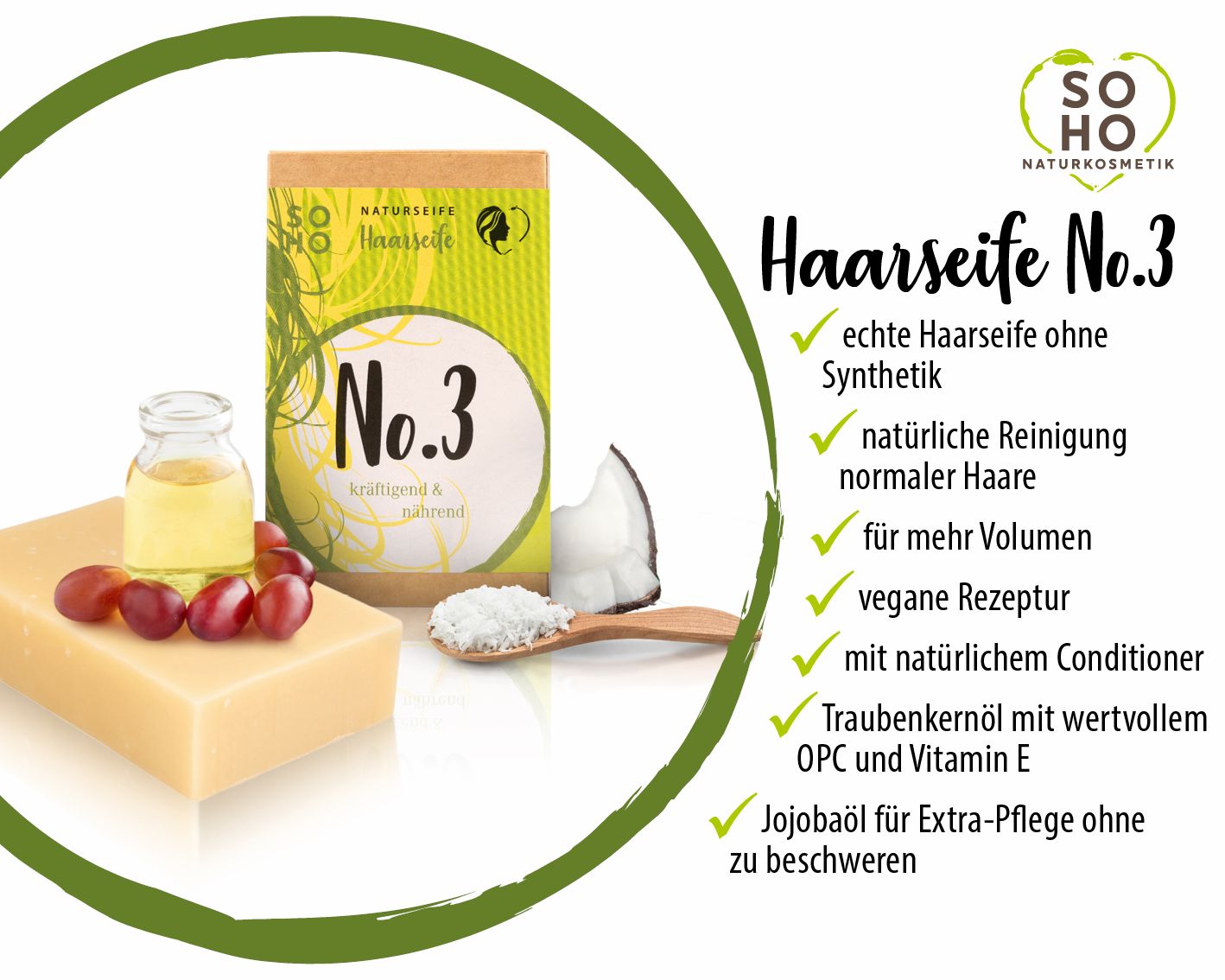 Produkt mit Verpackung und Text: Haarseife No.3. Auf der Verpackung: No.3, Naturseife. Mit grünen Häkchen und Text.