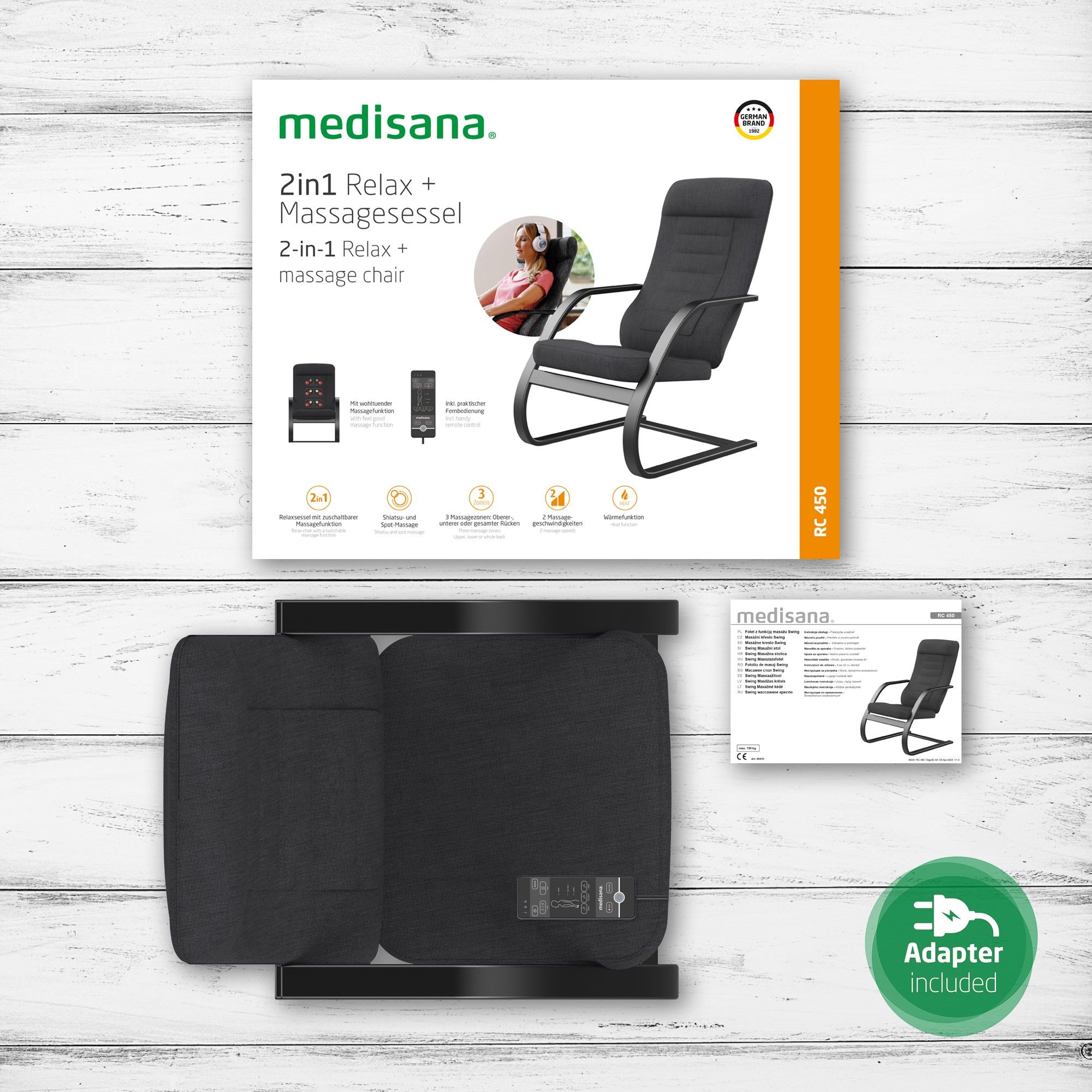 Verpackung eines medisana 2-in-1 Relax- und Massagesessels mit Zubehör.