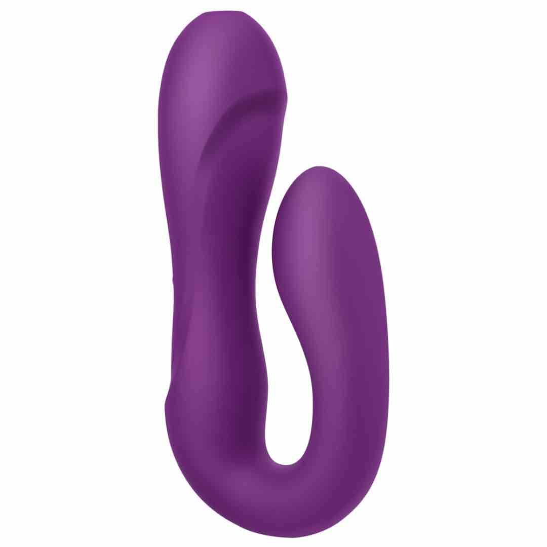 Lila Doppelvibrator. U-förmig mit einem längeren und einem kürzeren Teil. Glatte Oberfläche.