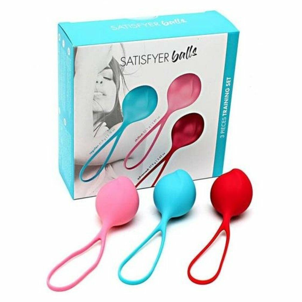 Verpackung mit drei Kugeln. Marke Satisfyer. Aufdruck: 3 Pieces Training Set. Verschiedene Farben.